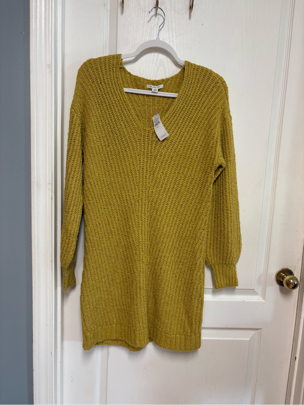 American Eagle Outfitters Mustard Waffle-Knit V-Neck Sweater Dress